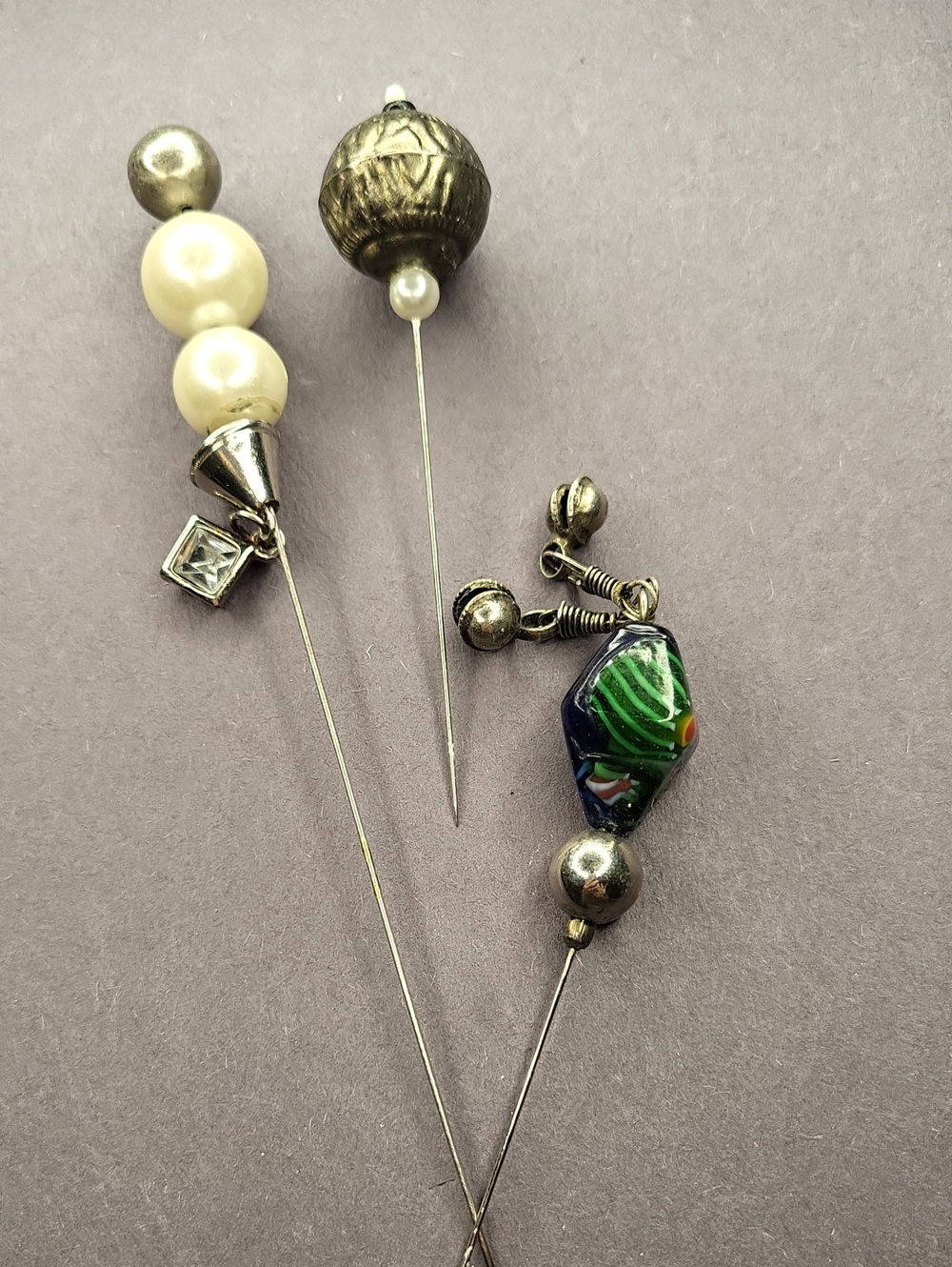 Pearl and Beaded Hat Pins Trio - White, Gold & Multicolor